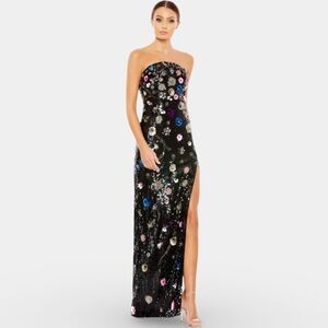 Mac Duggal NWT 93695 Black Floral Embellished Strapless Column Gown Size 12